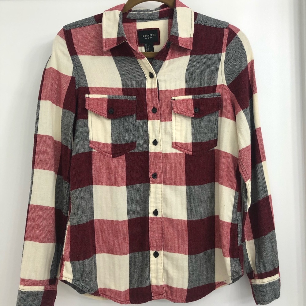 Red and Cream Plaid Button Up Shirt